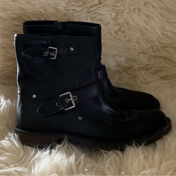 UGG Black Leather Double Buckle Combat Moto Side-Zip Ankle Boots - Picture 2 of 8